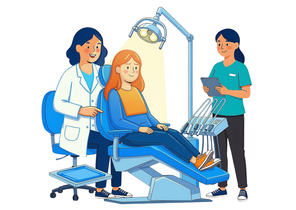 Dental care illustration showing a dentist, patient, and assistant in a modern clinic